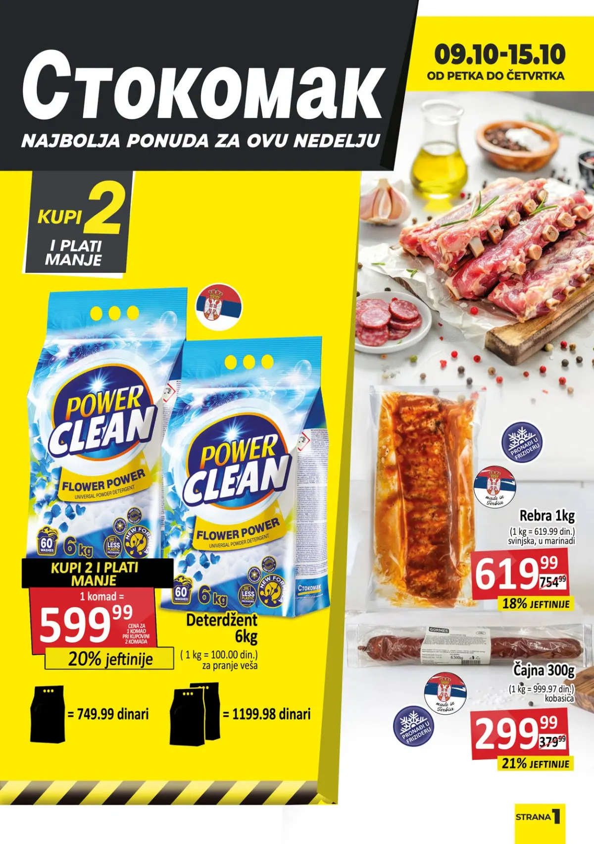 Stokomak akcija od 9. do 15.10.2026. – Power Clean deterdžent 6 kg, svinjska rebra u marinadi 1 kg i čajna kobasica 300 g