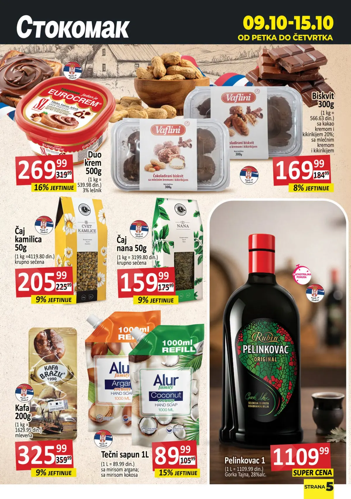 Stokomak akcija 9–15.10.2026. – Eurocrem 500 g, Vaflini biskvit, čajevi, kafa, tečni sapun i Rubin Pelinkovac