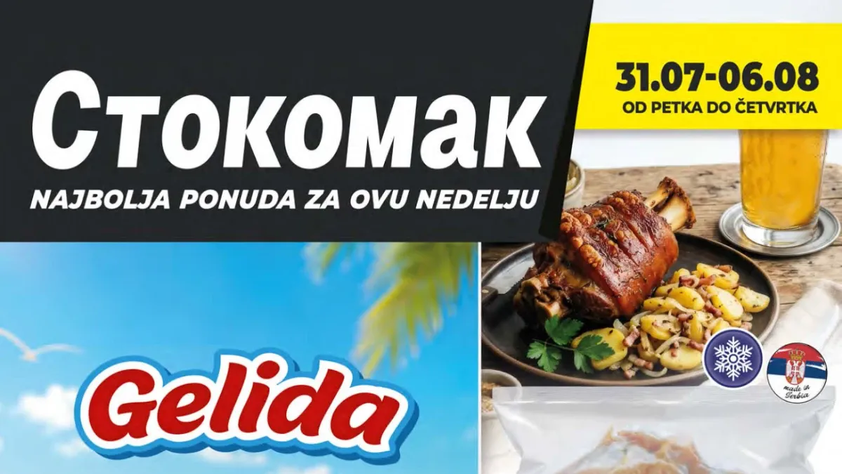 Stokomak nova nedeljna akcija do 06.08.2026. donosi niže cene svinjskog buta, Gelida sladoleda, piva, voća, povrća i brojnih prehrambenih proizvoda.