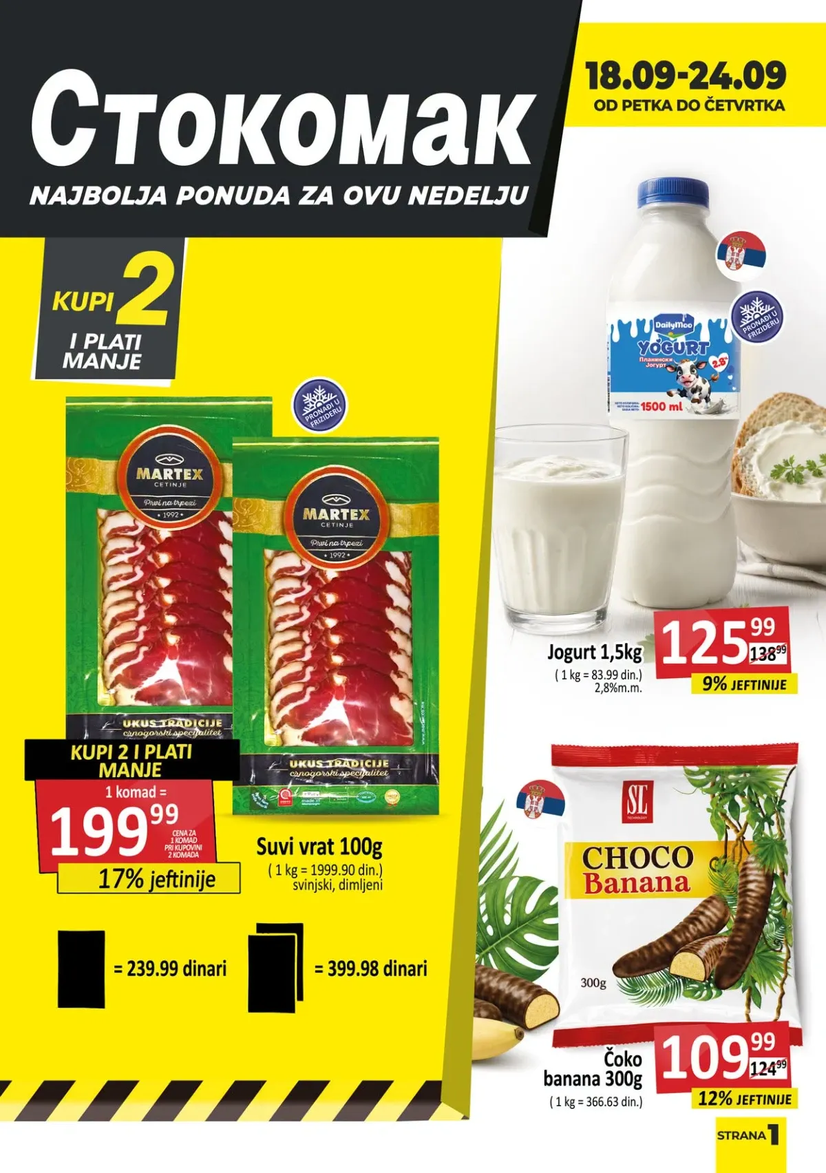 Stokomak nedeljna akcija od 18.09. do 24.09.2026. – suvi vrat, jogurt i čoko banana po sniženim cenama