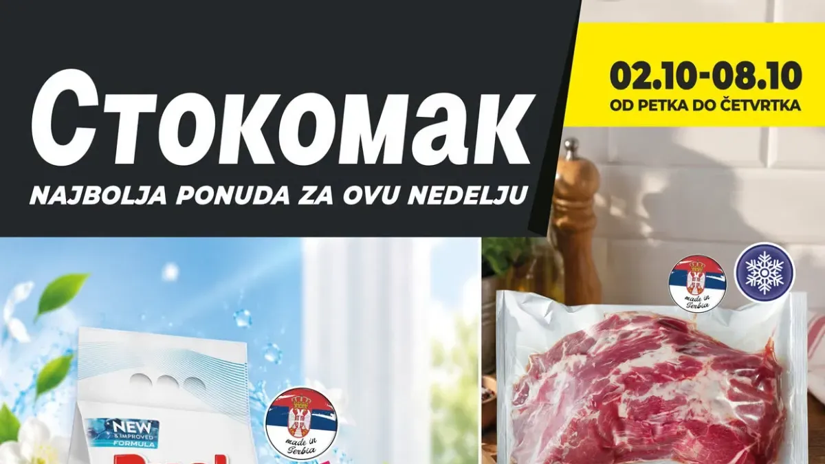 Stokomak katalog od 02. do 08.10.2026. – nedeljna akcija sa deterdžentom Duel, svinjskim vratom, pindžurom i drugim proizvodima po sniženim cenama
