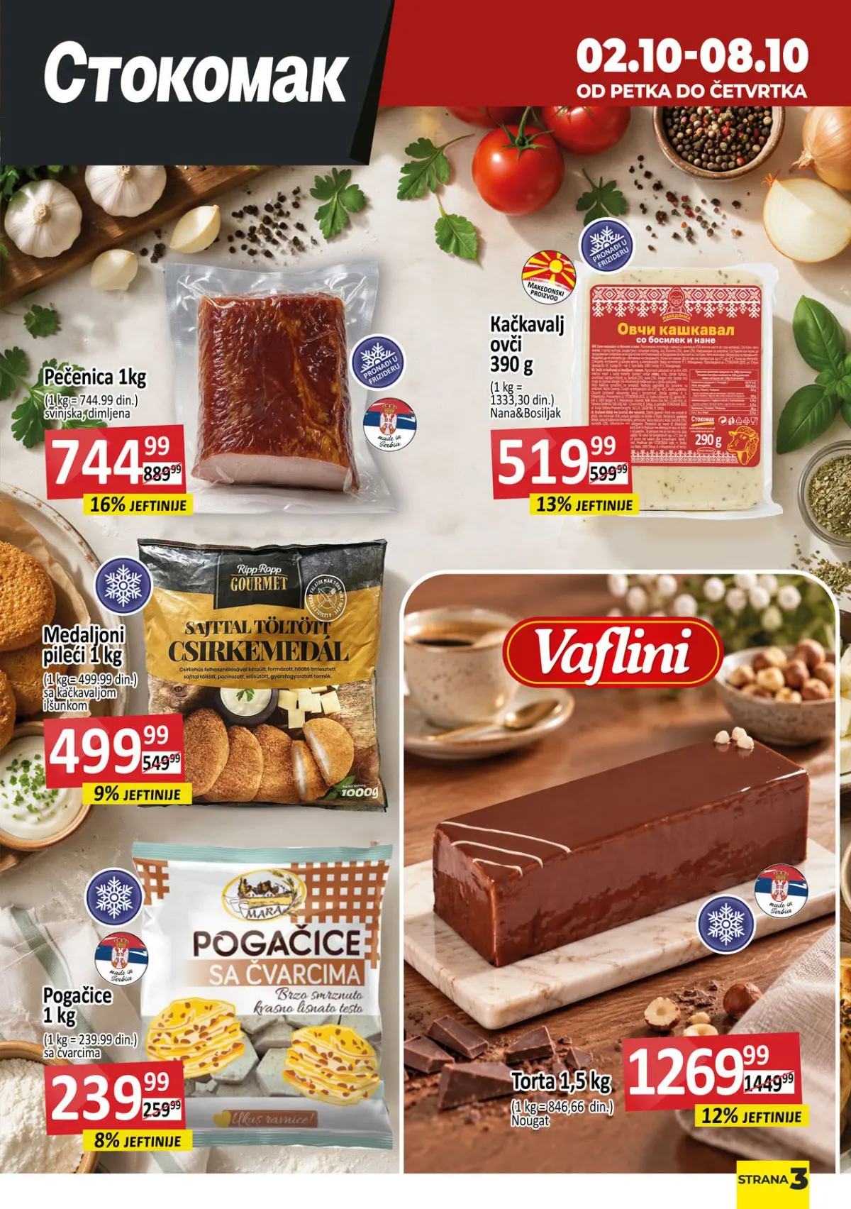 Stokomak katalog 02–08.10.2026. – pečenica, ovčiji kačkavalj, pileći medaljoni i torta na akciji