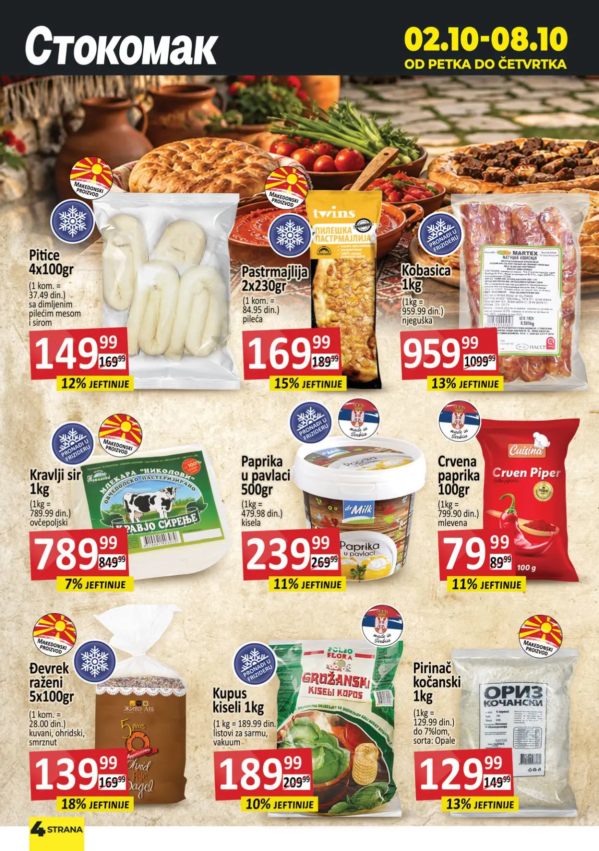 Stokomak katalog 02–08.10.2026. – pitice, pastrmajlija, kobasica, sir i paprika na akciji