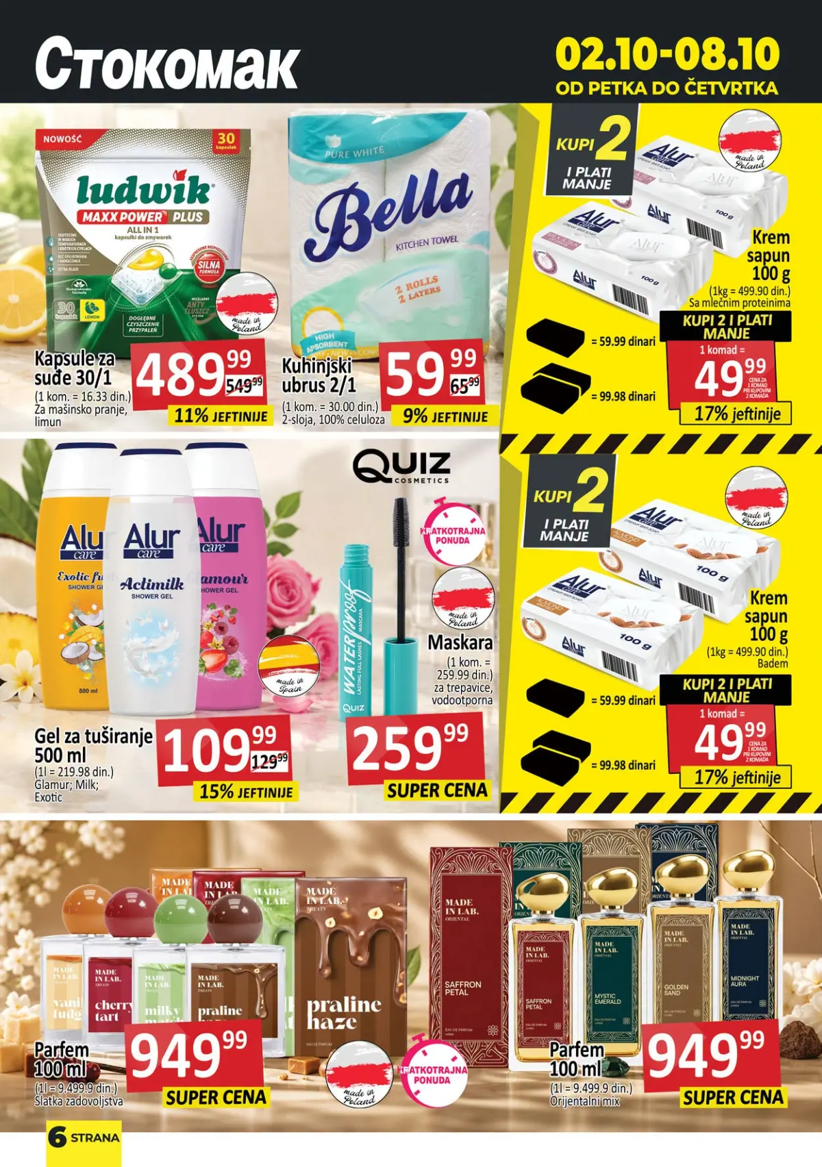 Stokomak katalog 02–08.10.2026. – kapsule za sudove, ubrusi, kozmetika i parfemi na akciji