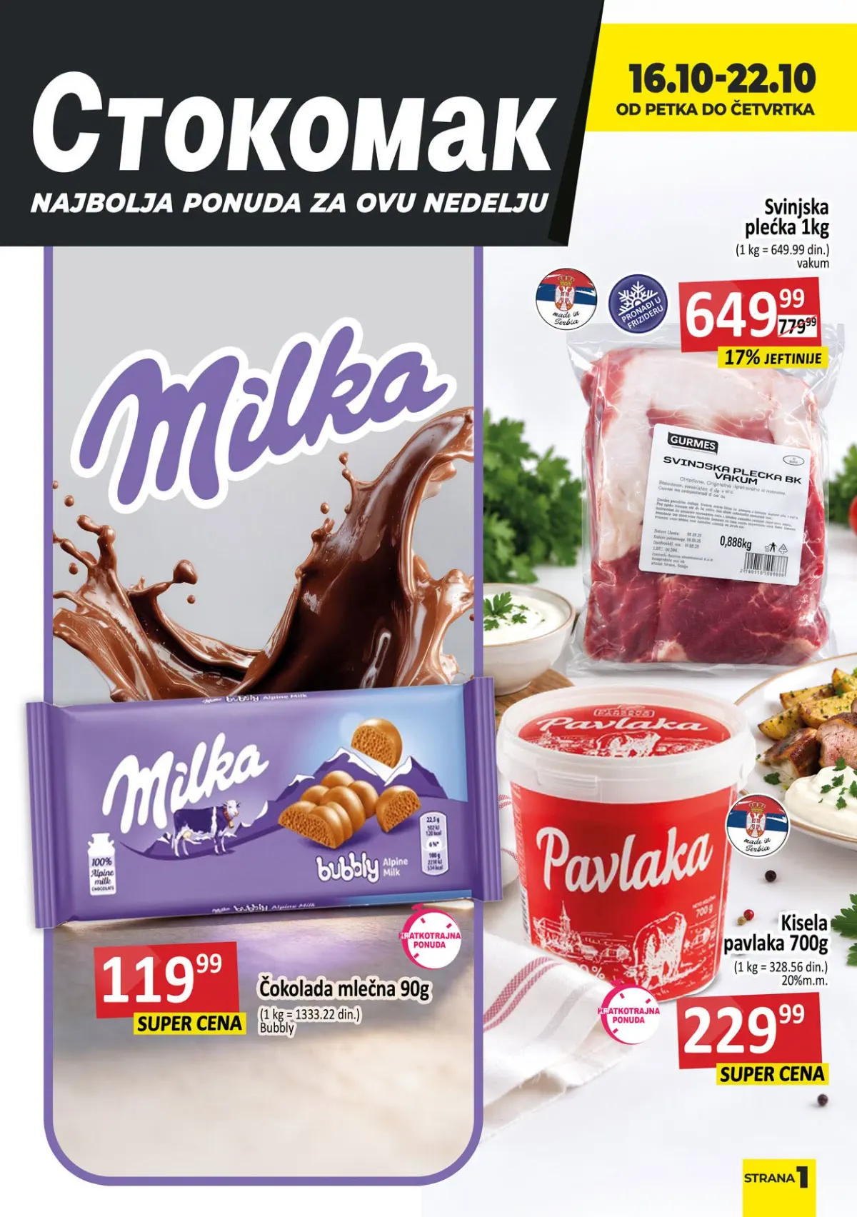 Stokomak akcija od 16. do 22.10.2026. – Milka Bubbly čokolada 90 g, svinjska plećka i kisela pavlaka 700 g