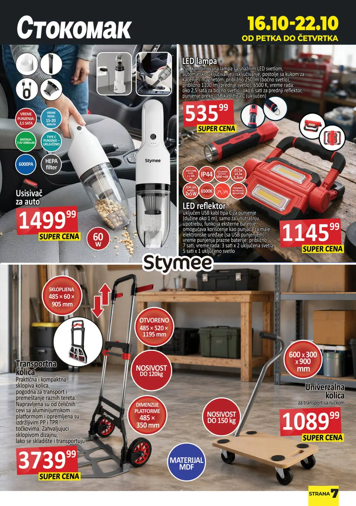 Stokomak katalog 16–22.10.2026. – Stymee usisivač za auto, LED lampa, LED reflektor i transportna kolica
