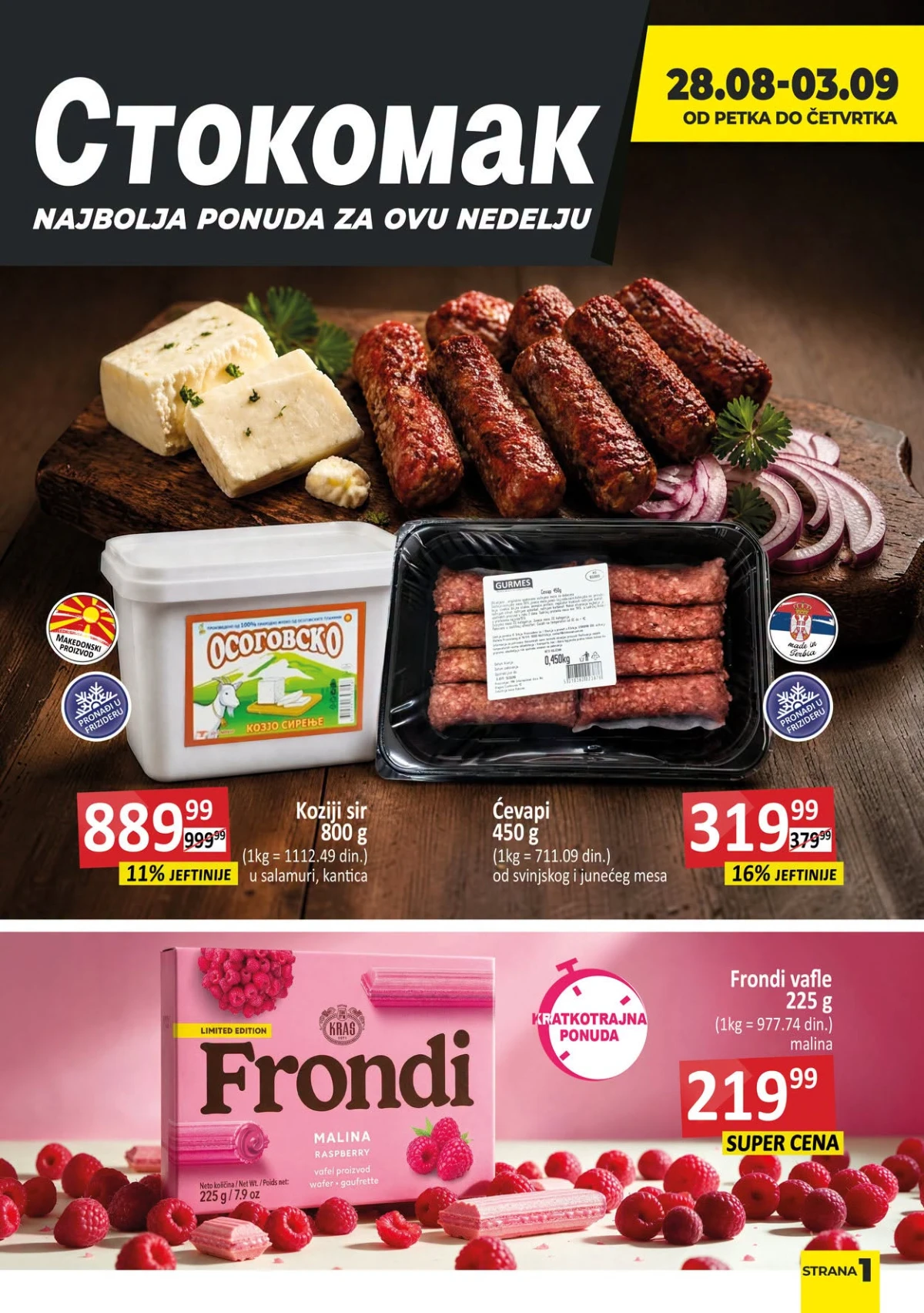 Stokomak nedeljna akcija do 03.09.2026. – kozji sir, ćevapi i Frondi vafle na akciji