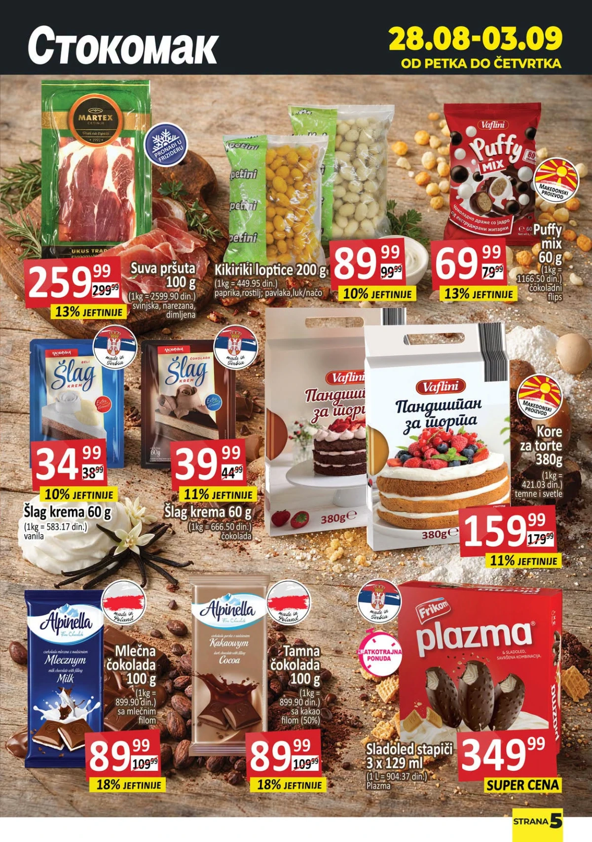 Stokomak akcija – suva pršuta, grickalice, šlag, čokolade, kore za tortu i sladoled