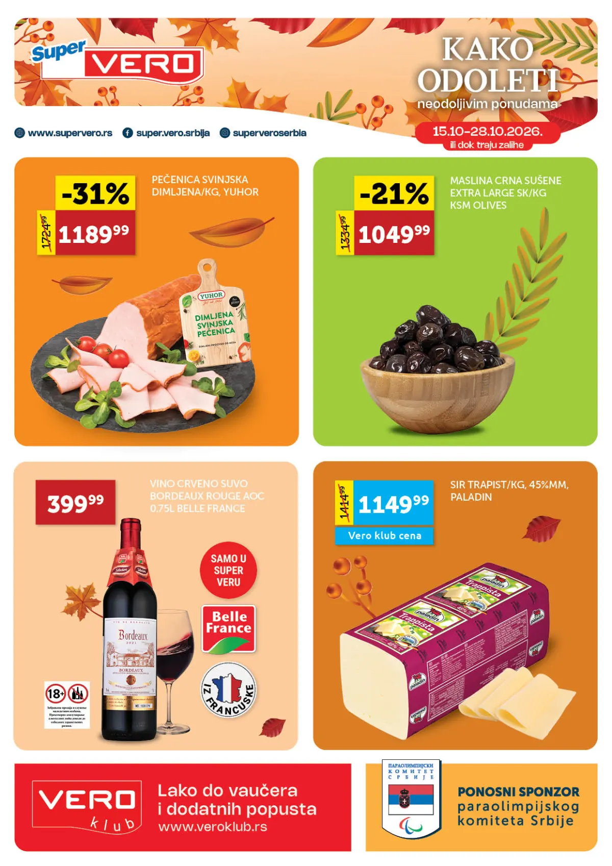 Super Vero katalog od 15. do 28.10.2026. – velika jesenja akcija mesa, maslina, sireva, hrane, pića i kućne hemije uz popuste do 50%
