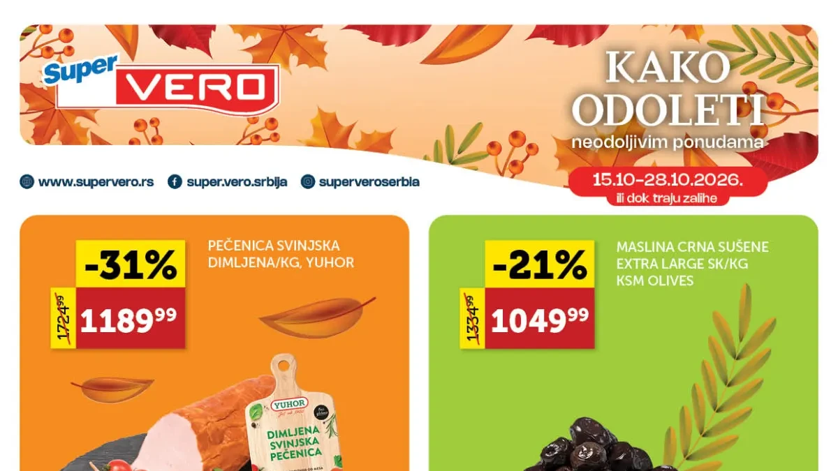 Super Vero katalog 15–28.10.2026. – akcijske cene mesa, suhomesnatih proizvoda, sireva, voća, povrća, pića i kućne hemije uz popuste do 50%