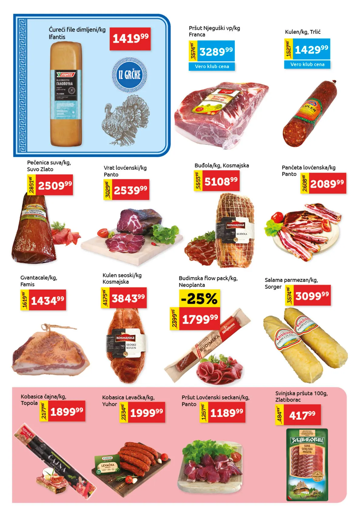Super Vero katalog strana 4 – ćureći file Ifantis, Njeguški pršut, kulen, panceta i kobasice