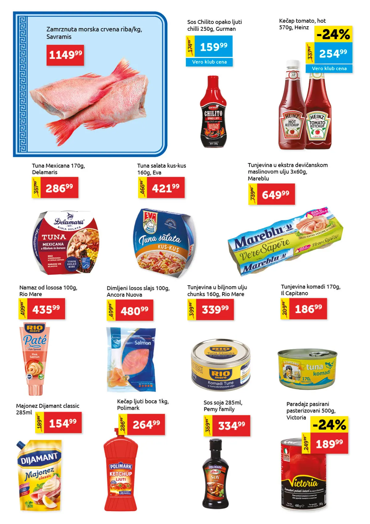 Super Vero katalog strana 8 – zamrznuta riba, tunjevina, kečap Heinz, majonez i paradajz sos