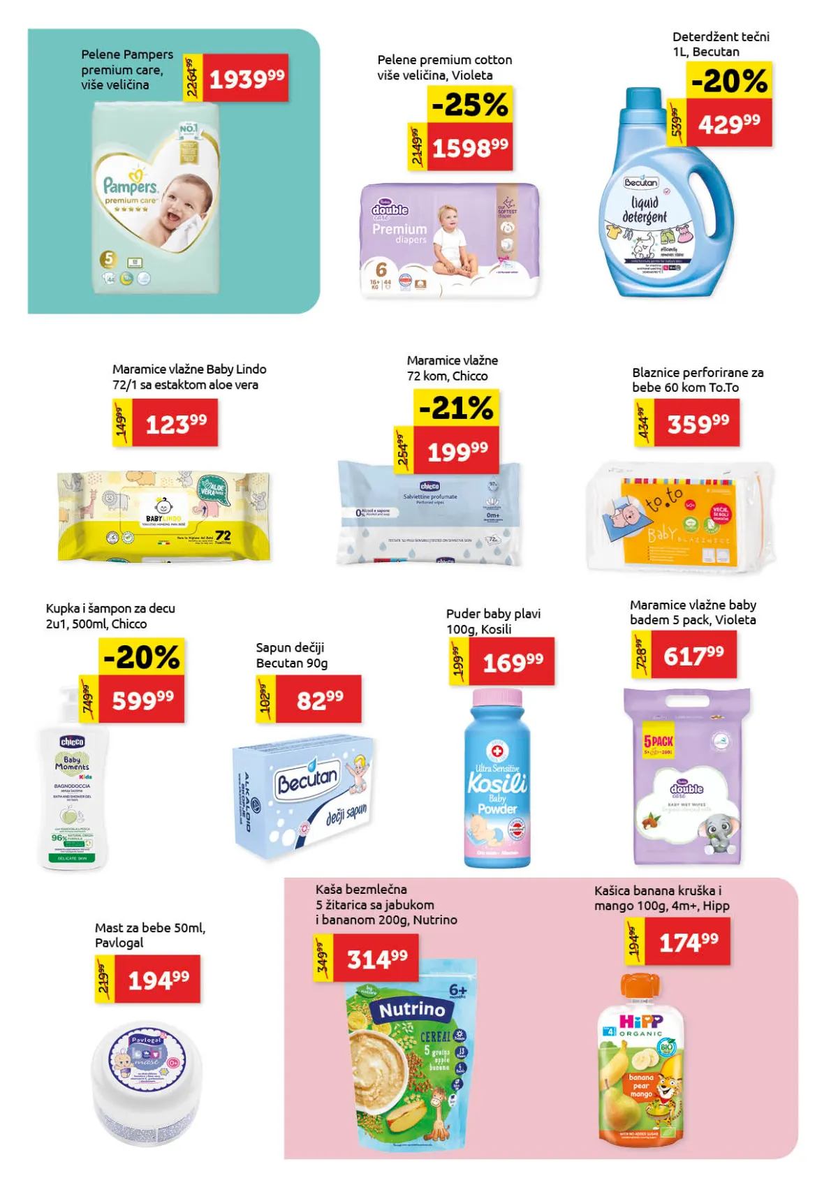 Super Vero katalog strana 22 – Pampers pelene, Premium Cotton, Becutan, vlažne maramice i hrana za bebe