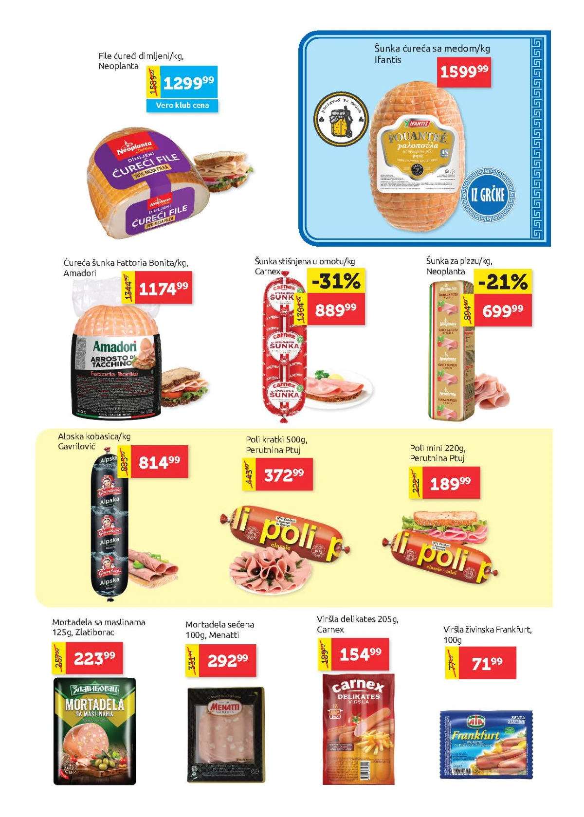 Super Vero katalog strana 5 – šunke, kobasice, mortadele i viršle na akciji