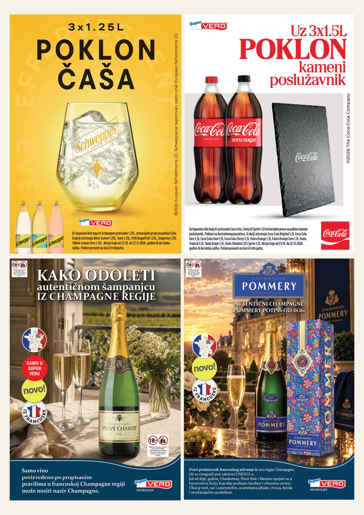 Super Vero katalog – strana 19, Schweppes, Coca-Cola pokloni i promocija šampanjca