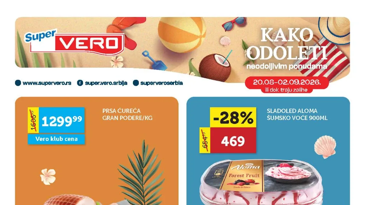 Super Vero katalog od 20.08. do 02.09.2026. – ćureća prsa, sladoled, prehrana, kozmetika i kućna hemija uz sniženja do 50%