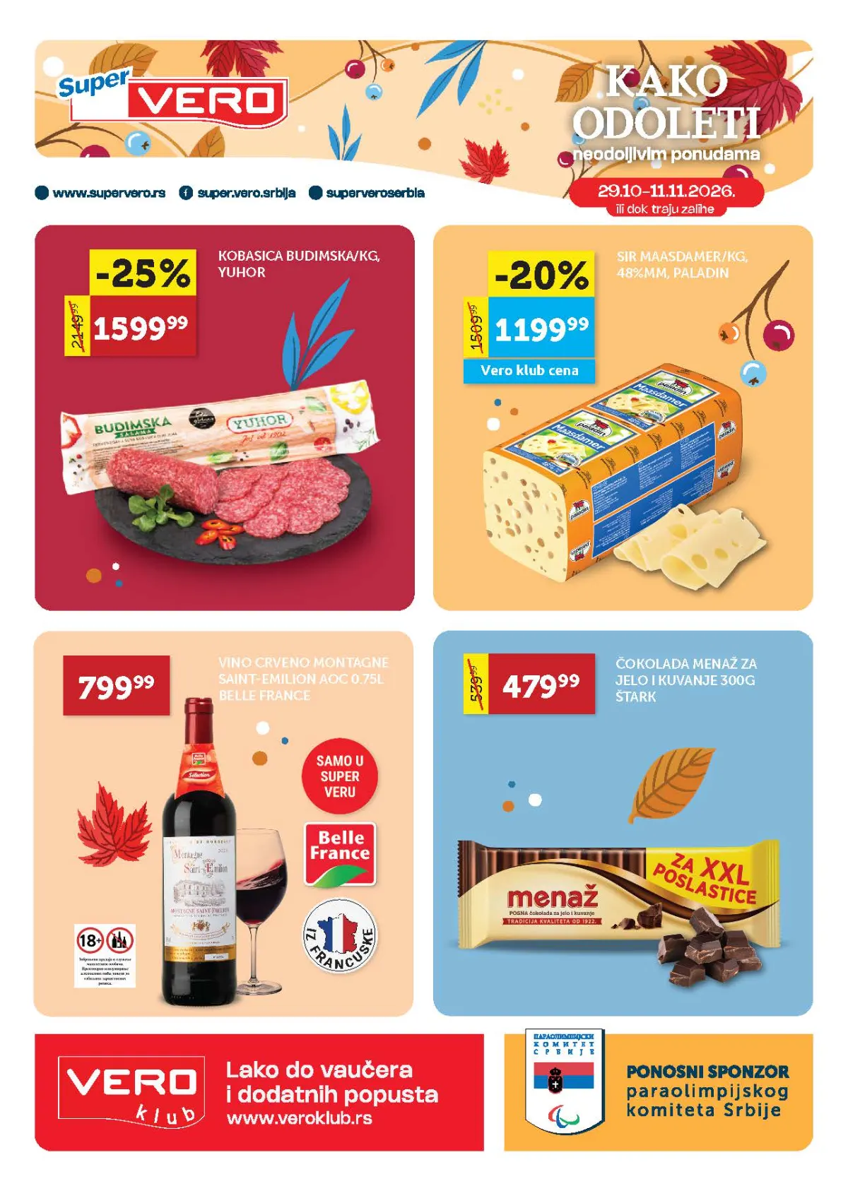 Super Vero katalog strana 1 – Budimska kobasica 1.599,99 din uz popust 25%, sir Maasdam 1.199,99 din uz popust 20% i čokolada Menaž 479,99 din