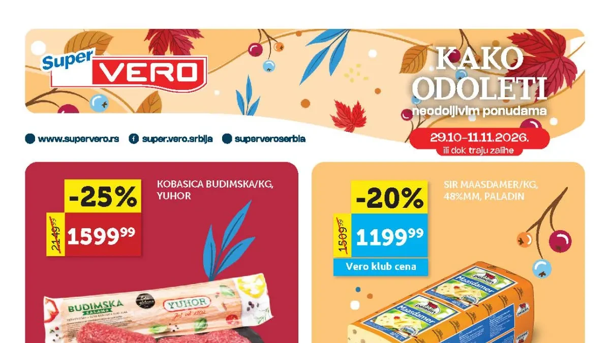 Super Vero katalog od 29. oktobra do 11. novembra 2026. – popusti do 45% na meso, povrće, mlečne proizvode, prehranu, deterdžente i kućnu hemiju