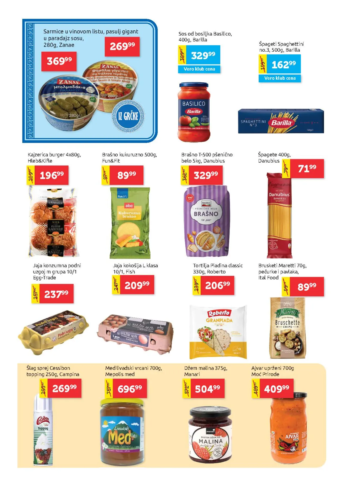 Super Vero katalog – strana 10, osnovne namirnice Super Vero katalog strana 10 – testenina, brašno, jaja, med, džem i proizvodi za kuvanje