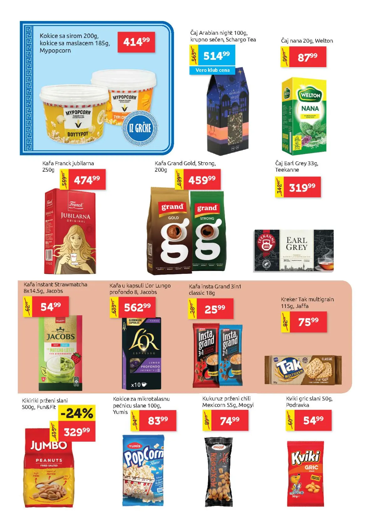 Super Vero katalog – strana 14, kafa i grickalice Super Vero katalog strana 14 – Grand kafa, Julius Meinl kafa, čajevi, kikiriki i grickalice