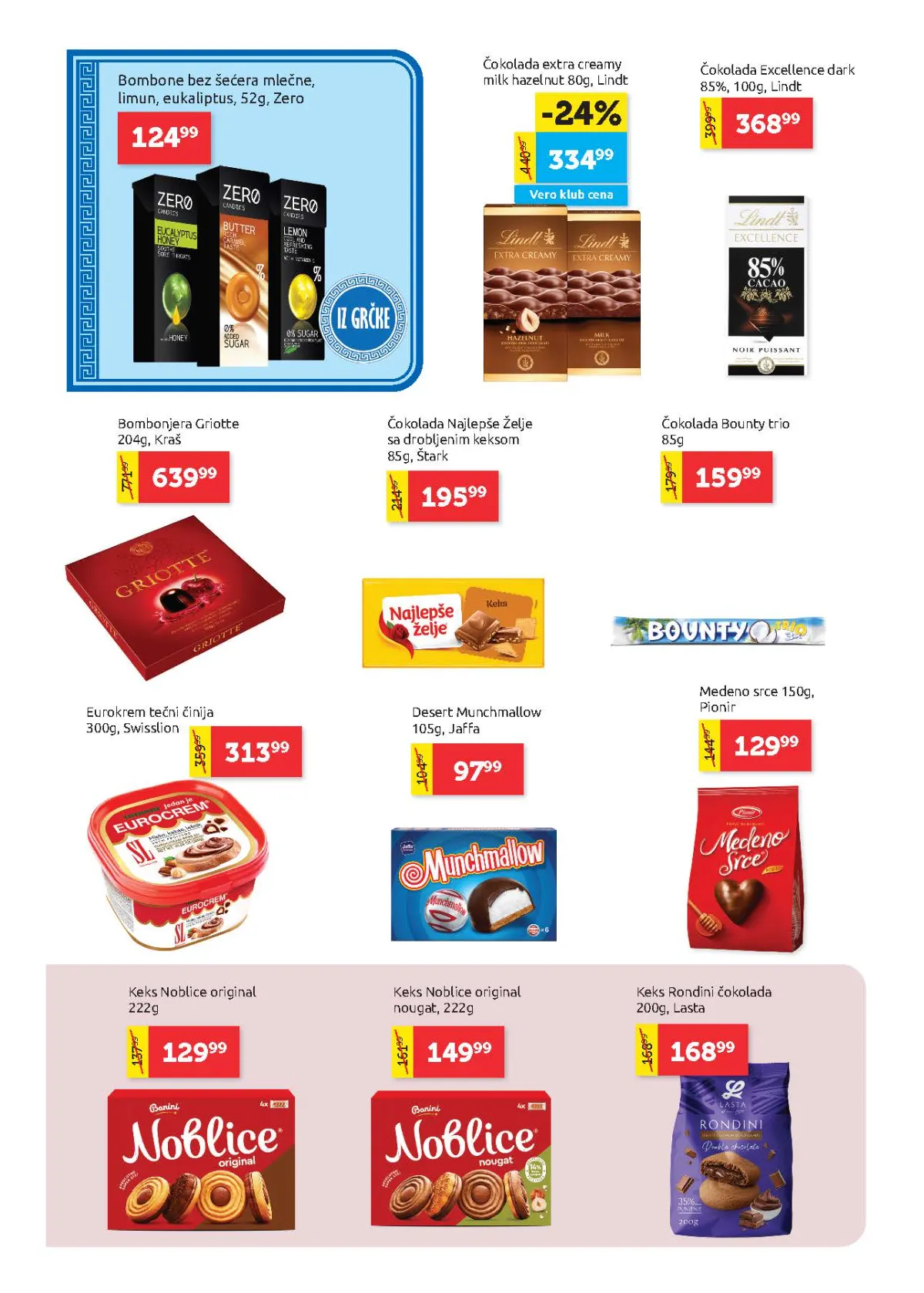 Super Vero katalog – strana 16, slatkiši i čokolade Super Vero katalog strana 16 – Lindt čokolade, Bounty, Noblice, krem i čokoladni deserti