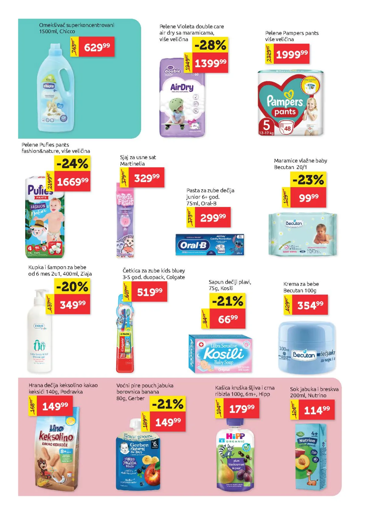 Super Vero katalog – strana 22, bebi oprema Super Vero katalog strana 22 – Pampers i Puffies pelene, omekšivači, vlažne maramice i dečja kozmetika