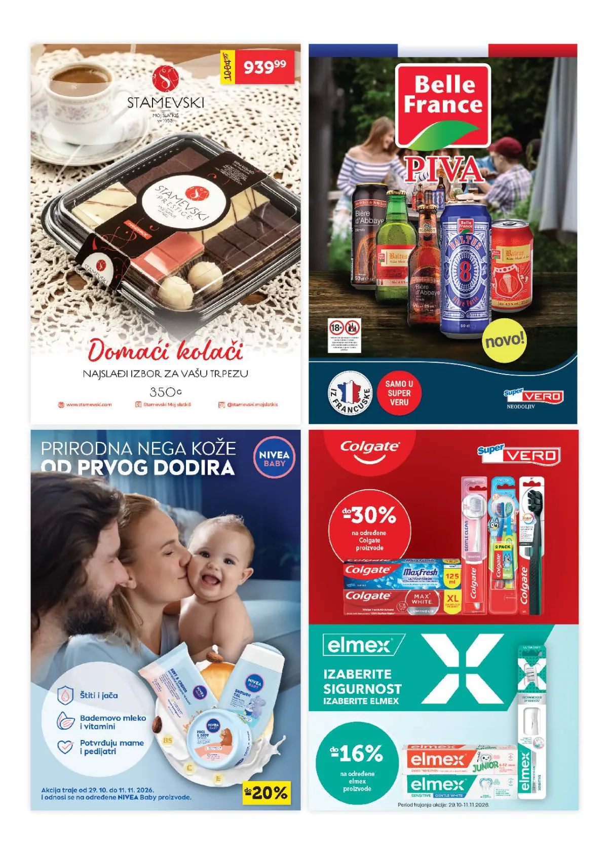 Super Vero katalog – strana 27, dodatne promocije Super Vero katalog strana 27 – domaći kolači, Belle France piva, Nivea Baby i Colgate proizvodi
