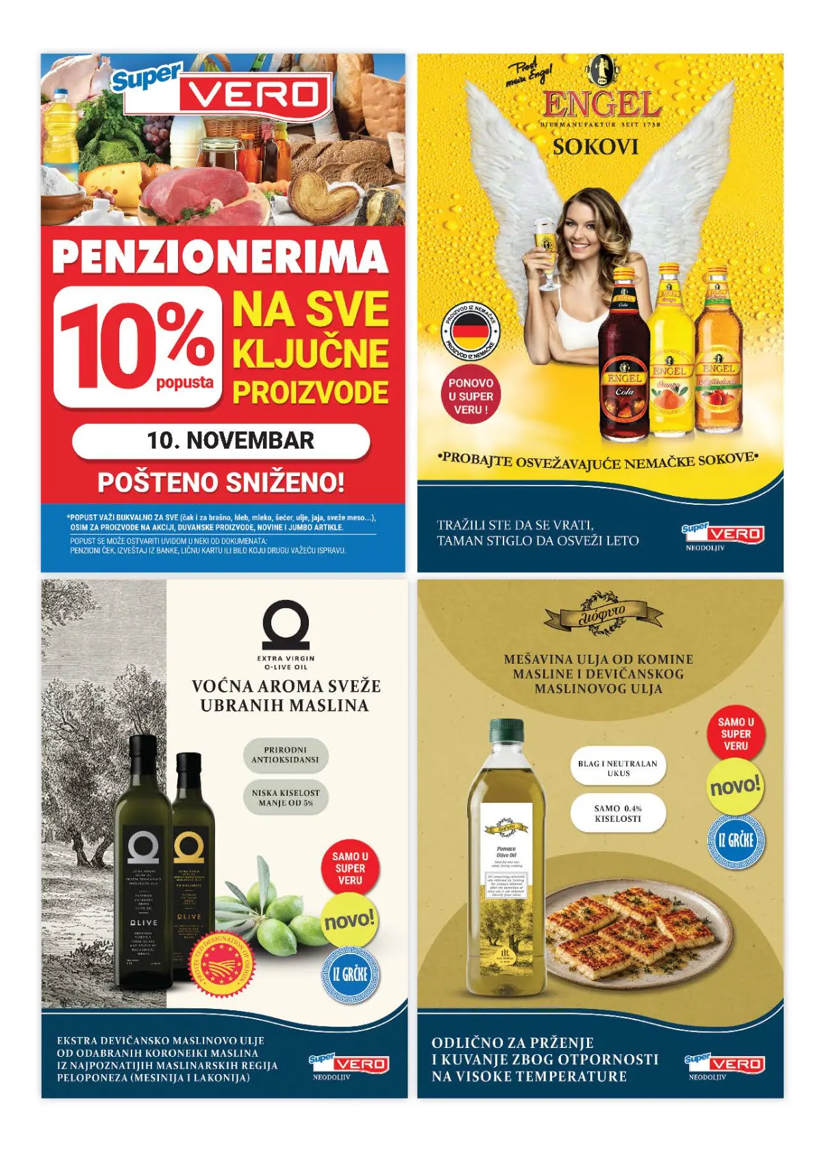 Super Vero katalog – strana 28, promocije Super Vero katalog strana 28 – penzionerski popust 10%, maslinovo ulje i Engel sokovi
