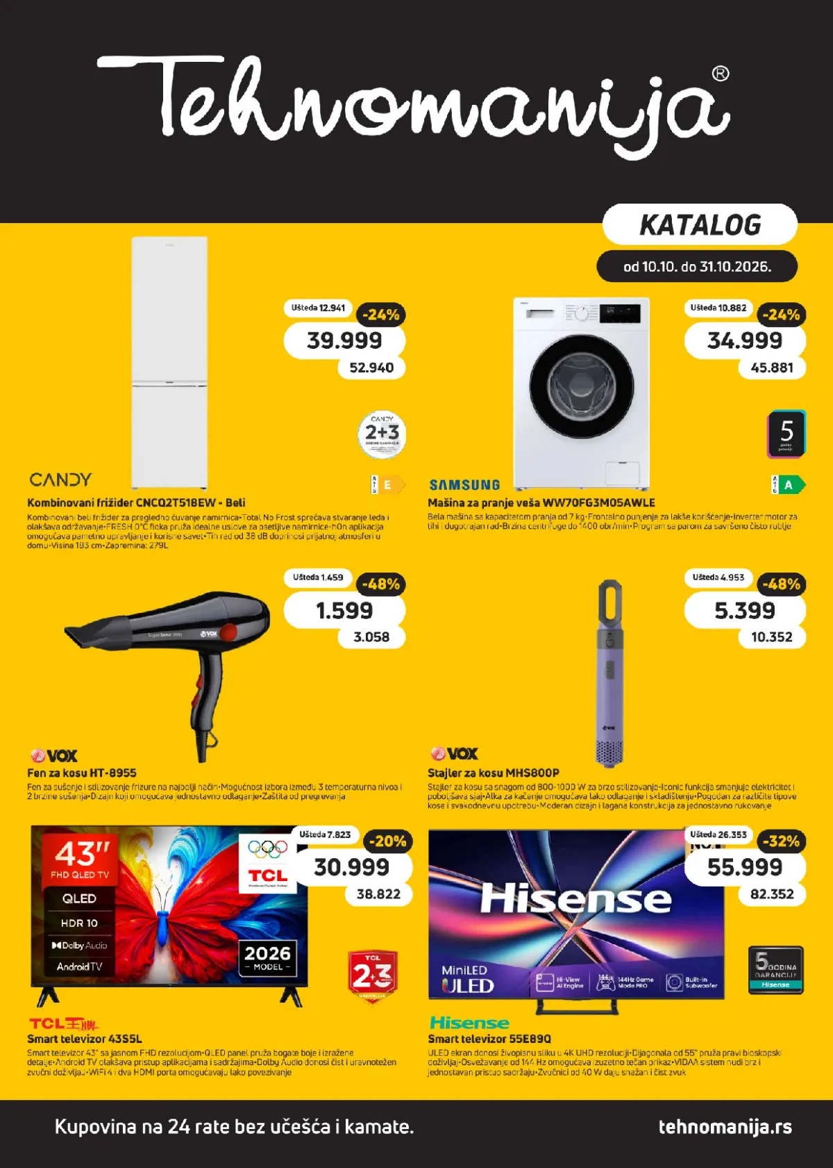 Tehnomanija katalog od 10. do 31.10.2026. – Candy frižider, Samsung mašina za pranje veša, VOX fen i stajler za kosu, TCL i Hisense televizori na akciji