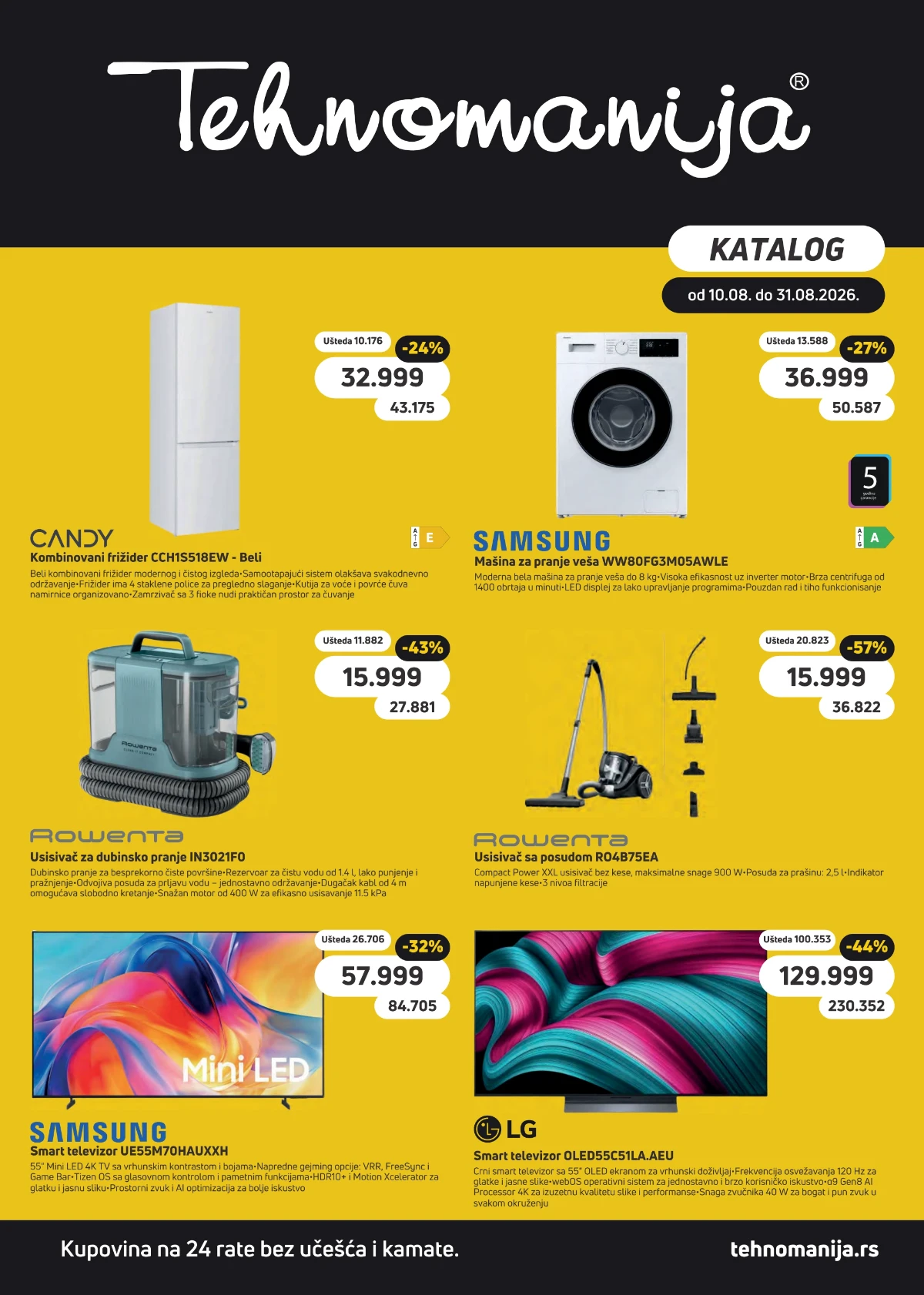 Tehnomanija katalog od 10.08. do 31.08.2026. – televizori, bela tehnika, klima uređaji i mali kućni aparati uz popuste do 69%