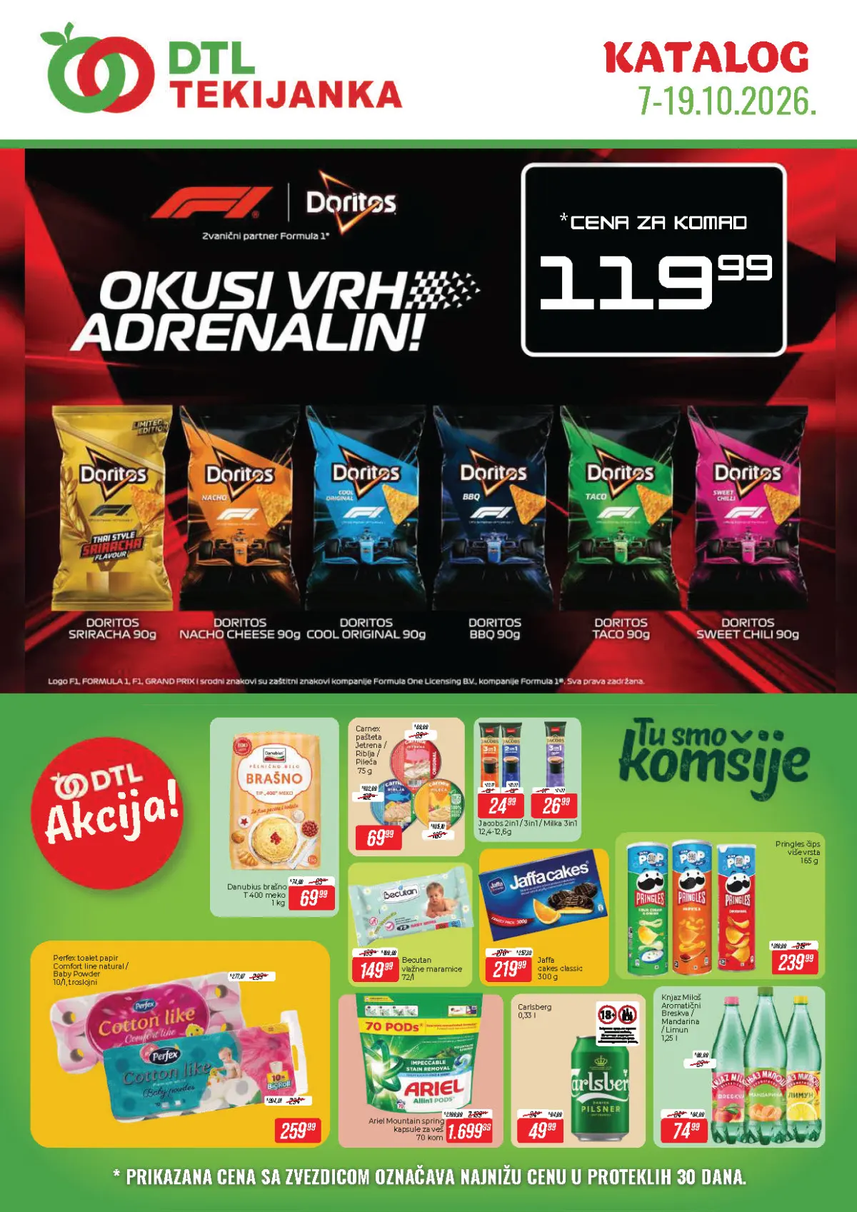 DTL Tekijanka katalog 07–19.10.2026. – Doritos, Danubius brašno, Jaffa, Pringles, Becutan i Ariel na akciji