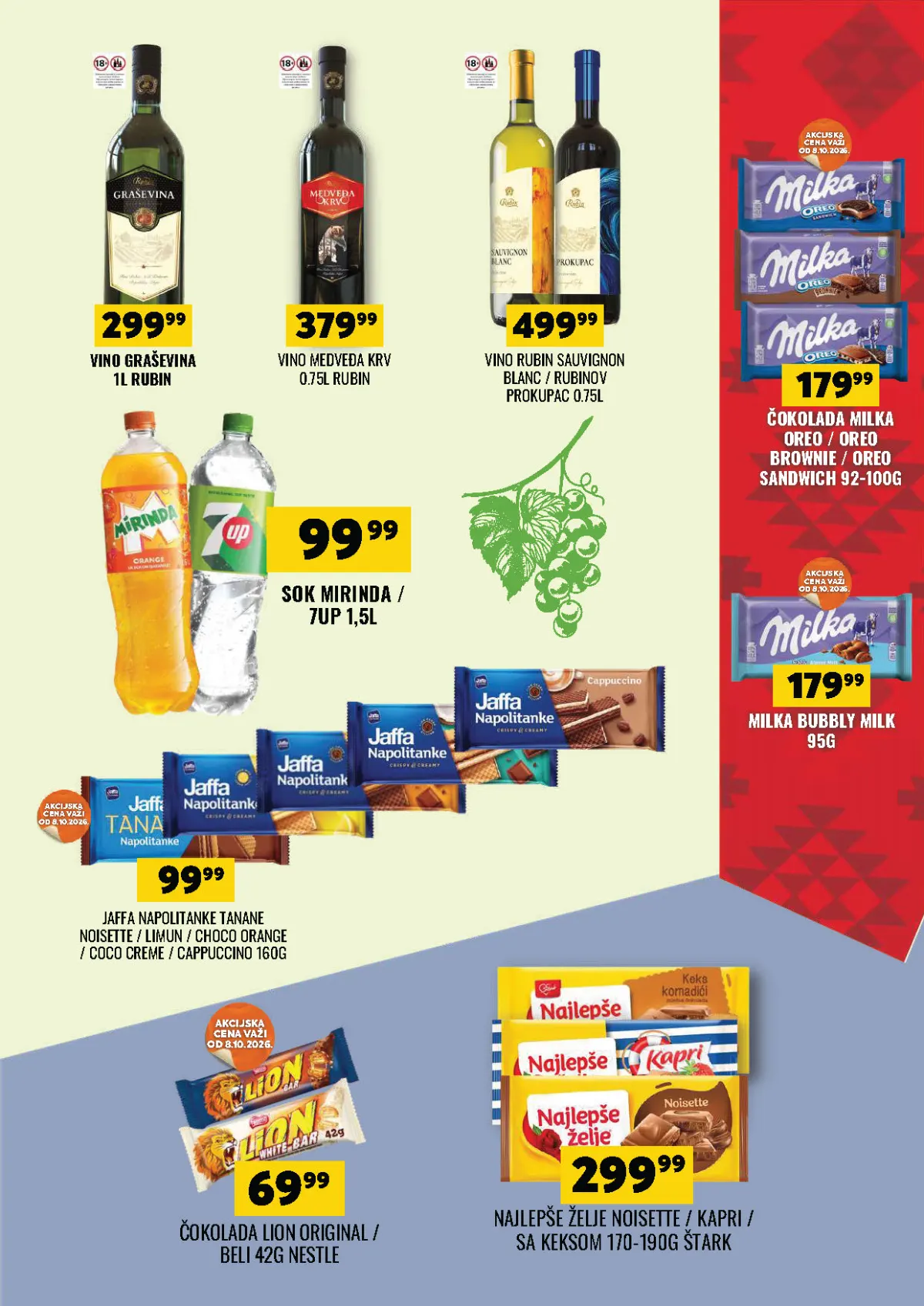 DTL Tekijanka katalog 07–19.10.2026., strana 11 – vina, gazirana pića, Milka čokolade i Jaffa napolitanke