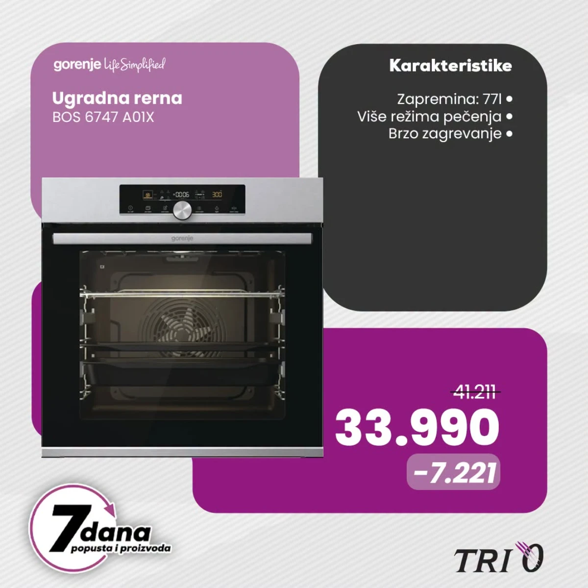 TRI O Gorenje ugradna rerna BOS 6747 A01X na akciji za 33.990 dinara