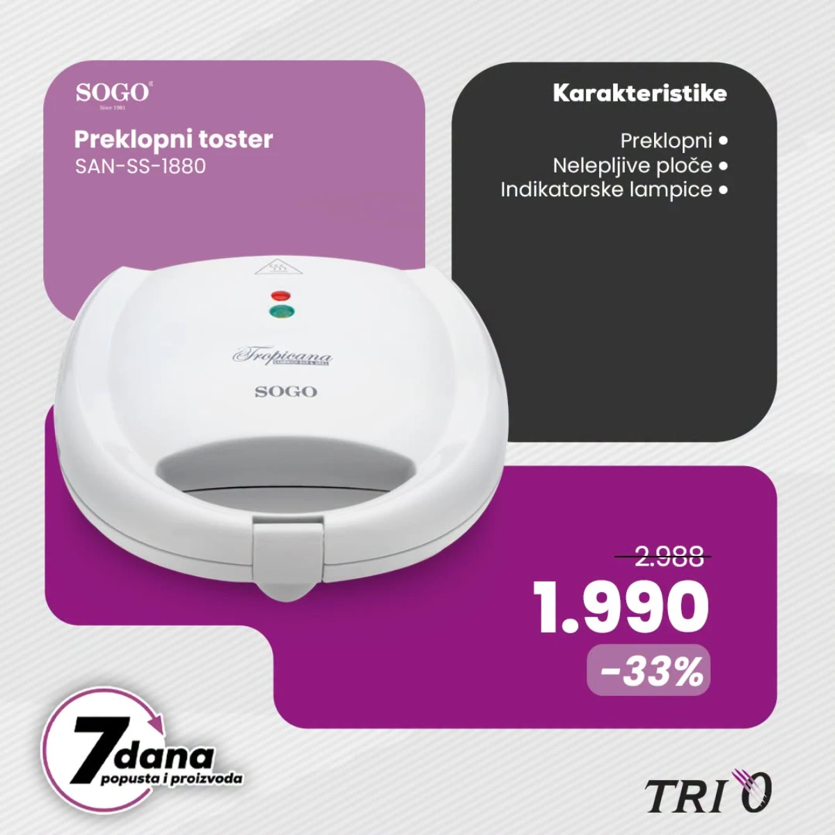 TRI O SOGO preklopni toster SAN-SS-1880 na akciji za 1.990 dinara