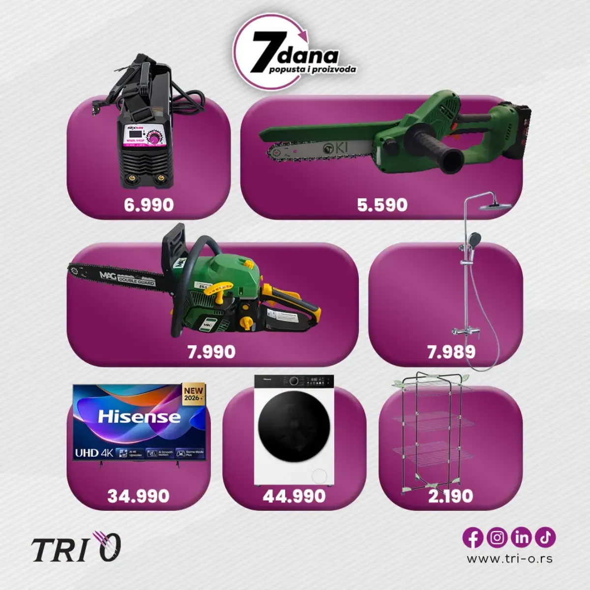 TRI O 7 dana popusta do 01.10.2026. – Hisense televizor i mašina za pranje i sušenje, testere, aparat za varenje i oprema za dom
