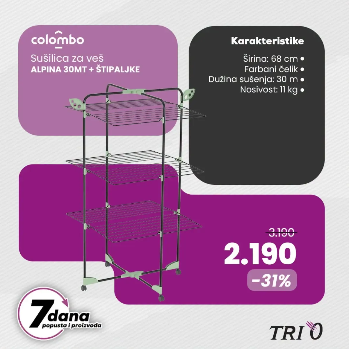 Colombo Alpina 30MT sušilica za veš sa štipaljkama u TRI O akciji za 2.190 RSD