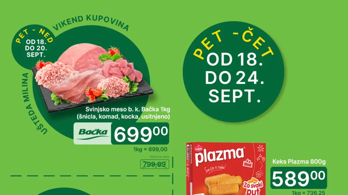 Univerexport akcija od 18. do 24.09.2026. – svinjsko meso, Plazma keks, Gauda sir, dimljena pečenica, Afrodita šampon i Balans jogurt po sniženim cenama