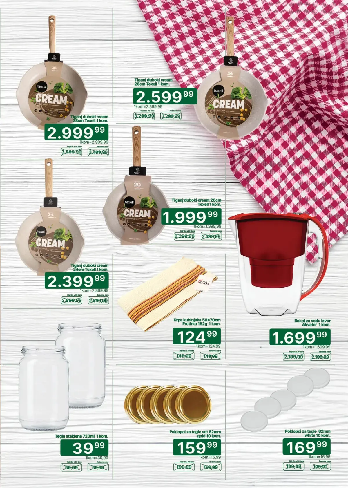 Univerexport Zimnica akcija, strana 15 – Texell Cream tiganji, bokal za vodu, kuhinjske krpe, tegle i poklopci