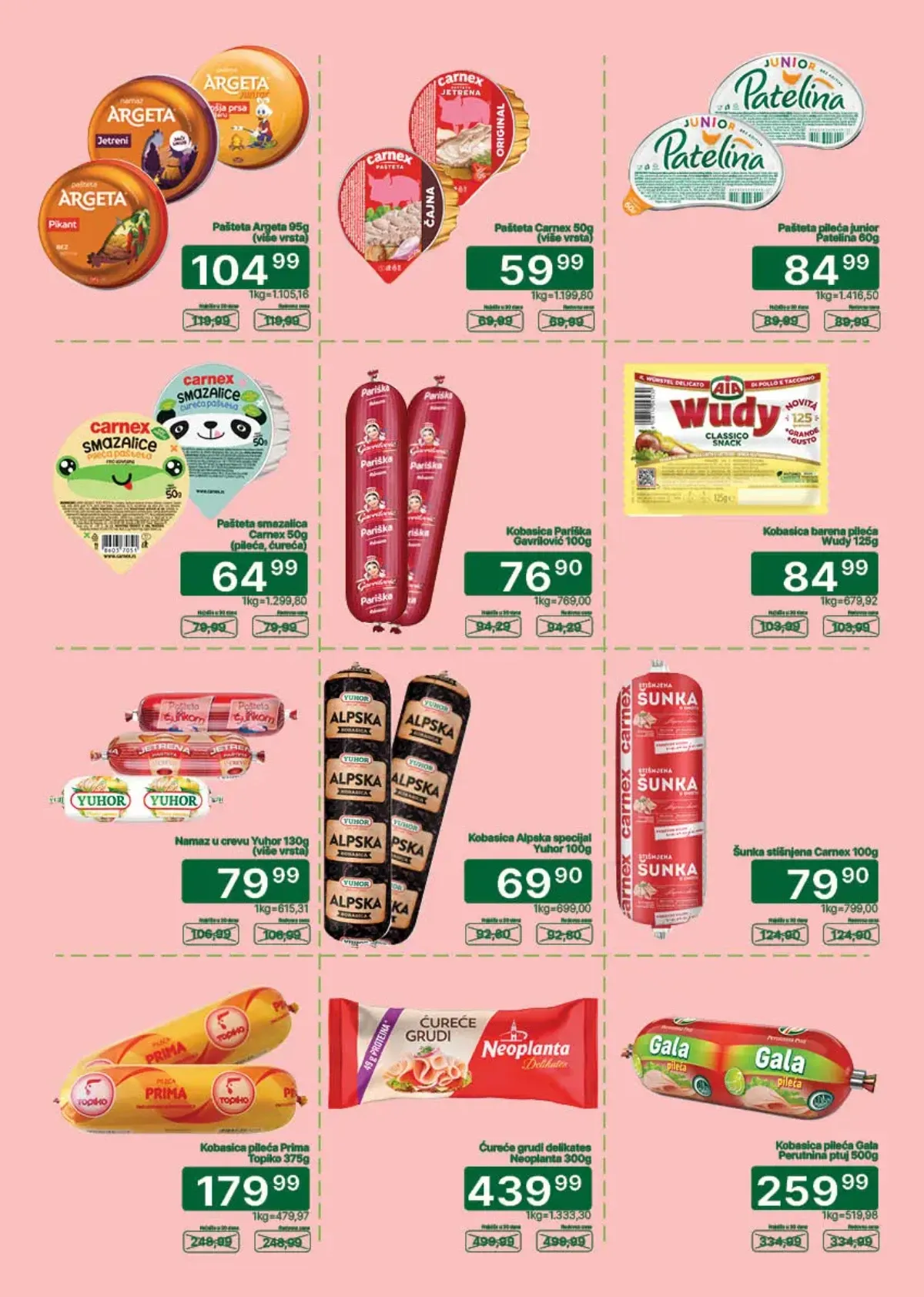 Univerexport katalog strana 6 – Argeta i Carnex paštete, Yuhor kobasica, šunka i pileće grudi na akciji