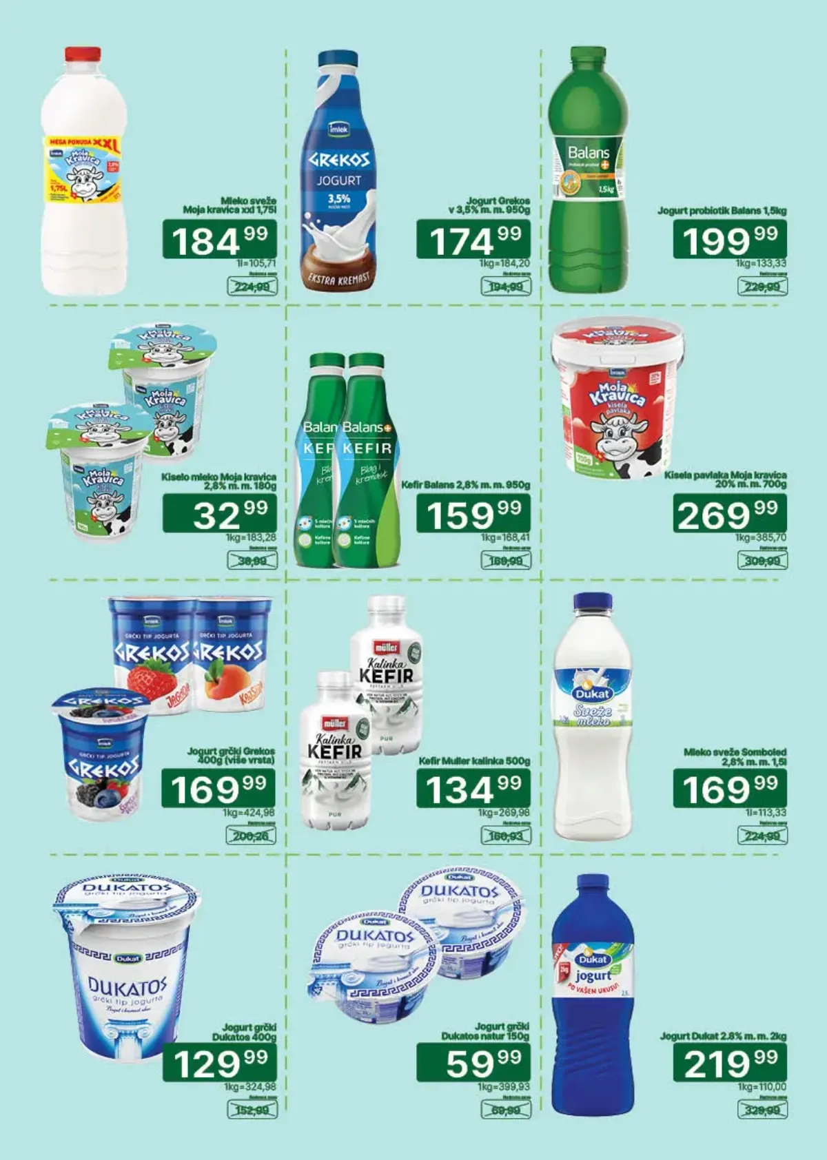 Univerexport katalog strana 7 – Moja Kravica mleko, Grekos jogurt, Balans kefir i Dukat mlečni proizvodi na akciji
