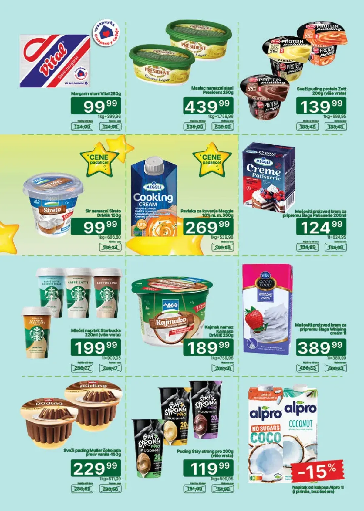 Univerexport katalog strana 8 – Vital margarin, President maslac, Meggle pavlaka, puding i Alpro napici na akciji