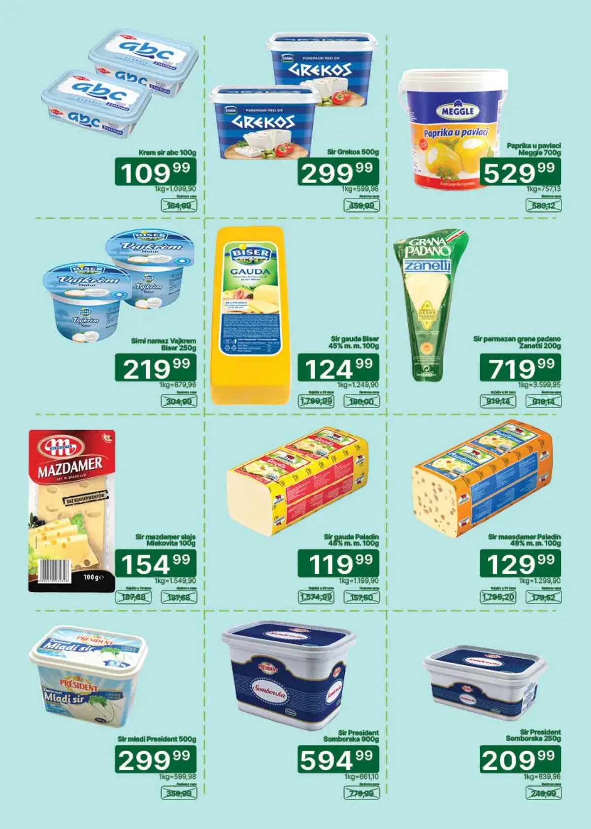 Univerexport katalog strana 9 – ABC krem sir, Grekos sir, Meggle paprika u pavlaci i President sirevi na akciji