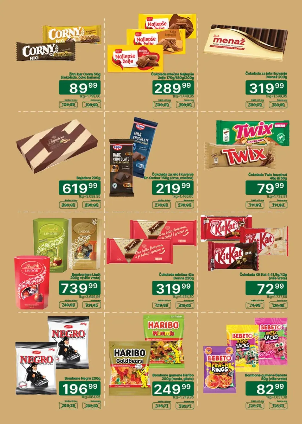 Univerexport katalog strana 19 – čokolade Najlepše želje i Menaž, Lindor, Dorina, Negro i Bebeto bombone na akciji
