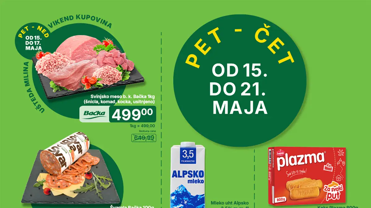 Univerexport akcija 15 do 21 maj 2026 svinjsko meso 499 din Plazma 596 din Persil 1199 din