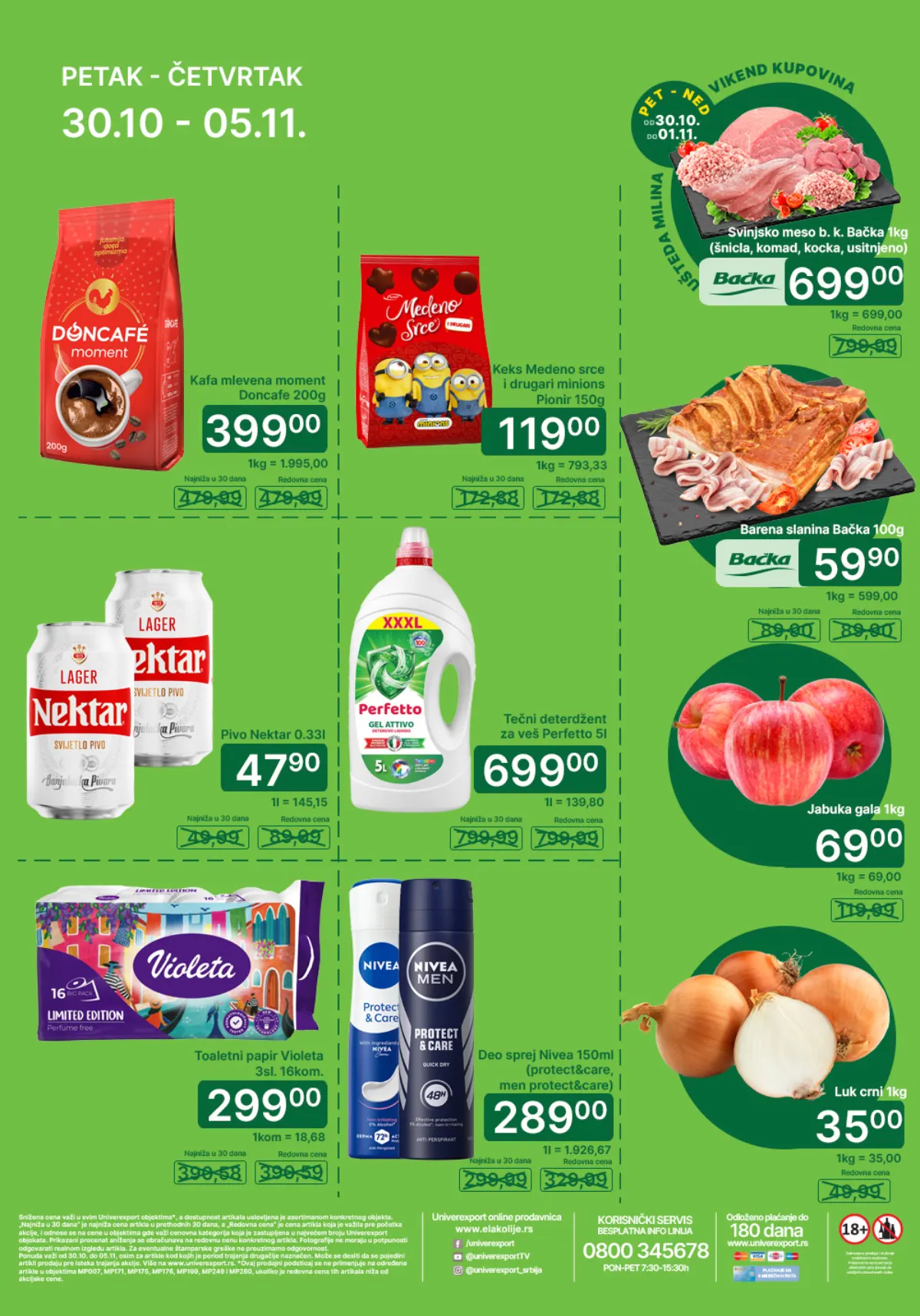 Univerexport akcija 30.10–05.11.2026. – Doncafe kafa 399 din, Perfetto deterdžent 699 din, Violeta toaletni papir 299 din i svinjsko meso Bačka 699 din/kg