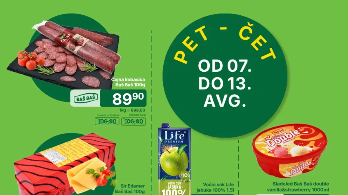 Univerexport PET-ČET akcija do 13.08.2026. donosi popuste do 37% na prehranu, meso, mlečne proizvode, piće, slatkiše i proizvode za domaćinstvo.