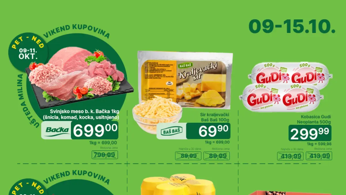 Univerexport nedeljna akcija od 9. do 15.10.2026. – kraljevački sir, Gudi kobasica, Jelen pivo i kućna hemija