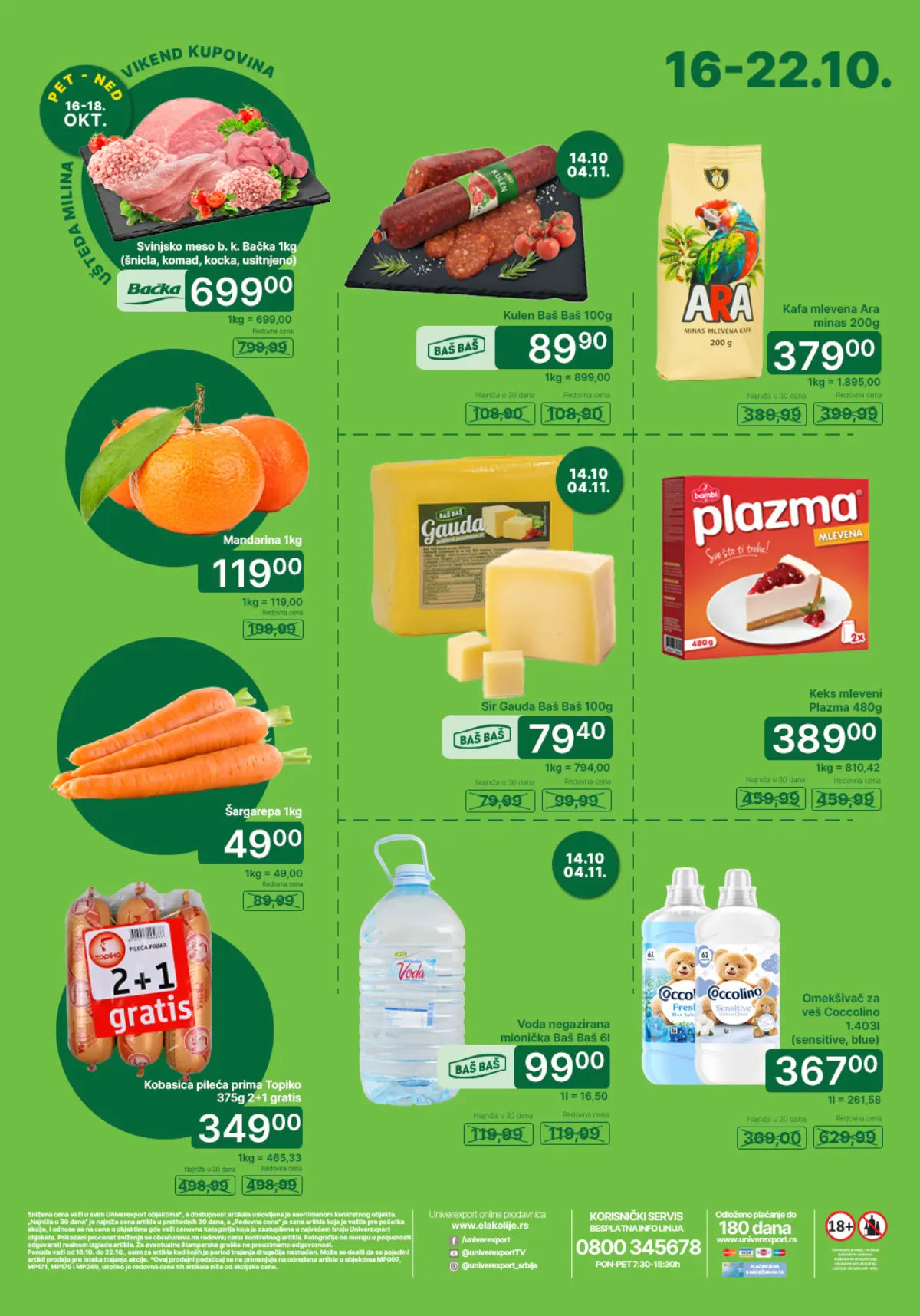 Univerexport nedeljna akcija 16–22.10.2026. – šargarepa 49 din/kg, mandarine 119 din/kg, kafa Ara 379 din i mlevena Plazma 389 din