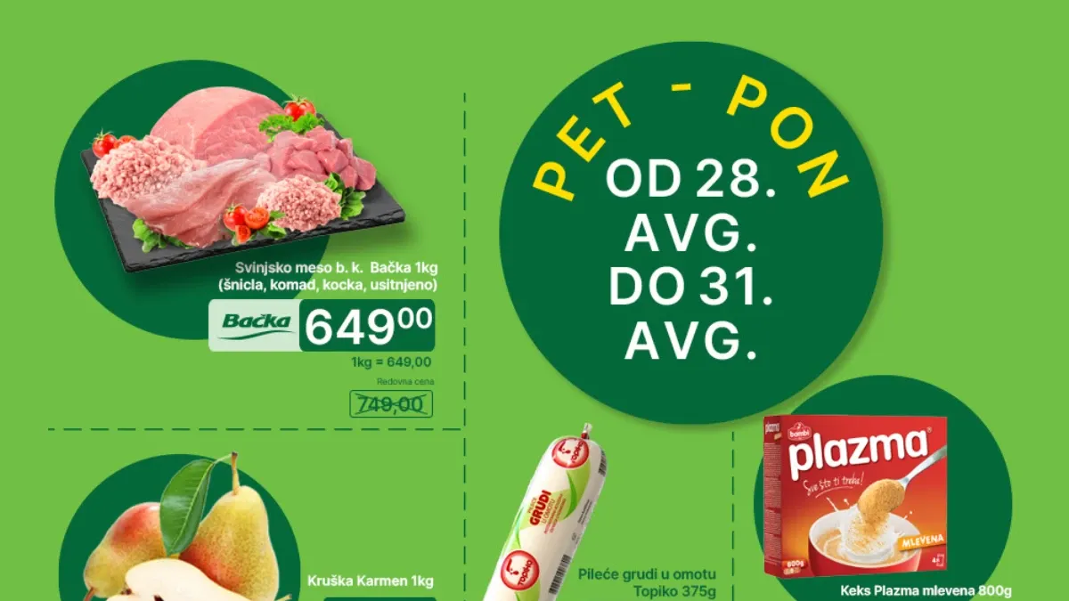 Univerexport nedeljna akcija od 28.08. do 31.08.2026. – meso, voće, piće, slatkiši i kozmetika na popustu do 45%