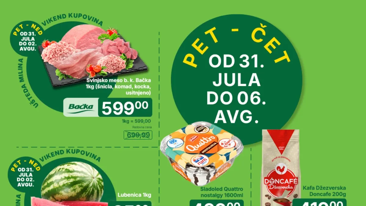Univerexport Nedeljna akcija do 06.08.2026. donosi nove popuste na prehranu, voće, povrće, meso, piće i proizvode za svakodnevnu kupovinu.